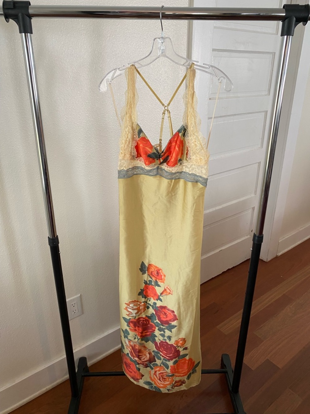 Free People Yellow Satin Floral Slip with Red Rose Accents